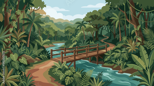 A vector illustration of a wooden bridge crossing a winding river on a path through a lush, green tropical jungle with dense foliage and trees.