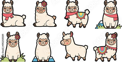 Cute llama alpaca cartoon collection with scarves flowers and decorations adorable Andean animals vector illustration set