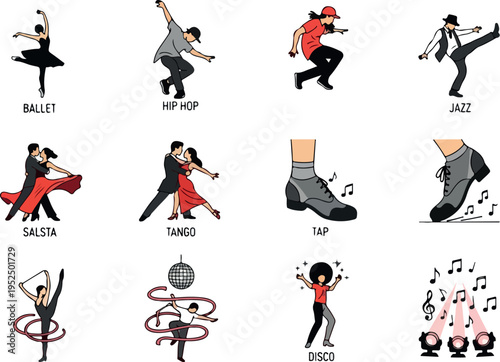 Collection of diverse dance styles illustrations including ballet, hip hop, jazz, salsa, tango, tap, and disco, showcasing various movements and poses