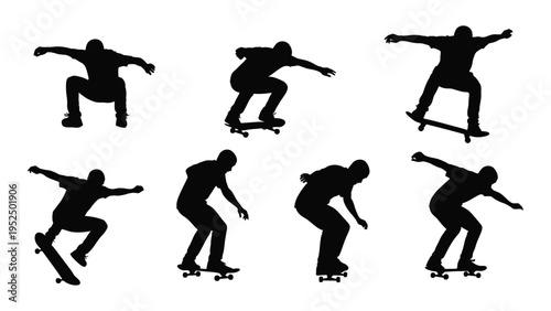 A group of skateboarders in different poses