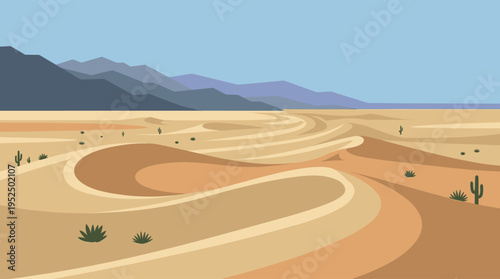A flat vector illustration of a vast desert landscape with rolling sand dunes, cacti, and distant mountains under a clear blue sky.
