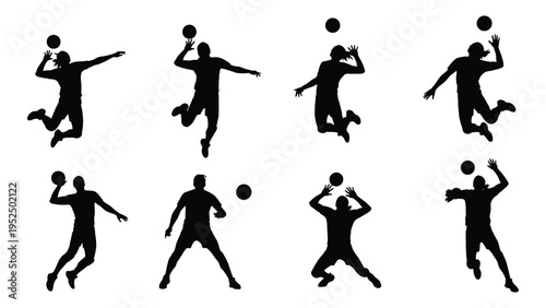 A set of silhouettes of people playing volleyball