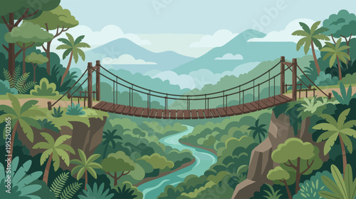 A scenic vector illustration of a rope suspension bridge over a lush jungle river, with tropical trees and distant mountains creating an adventurous landscape.
