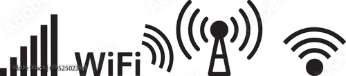 Wireless Communication Icon Set, Signal Bars, WiFi, and Tower.