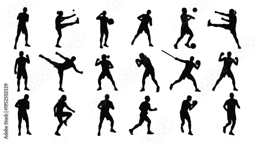 Collection of silhouettes of people performing various martial arts poses and movements