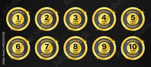 Golden warranty badge set 1 to 10 year premium guarantee labels with carbon fiber style for product quality protection service.