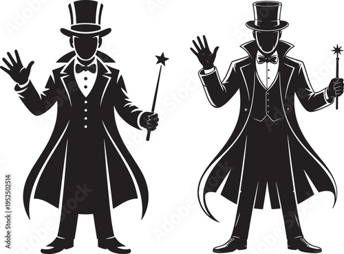 Silhouettes of two magicians in formal attire holding wands and stars, performing magic tricks, black and white