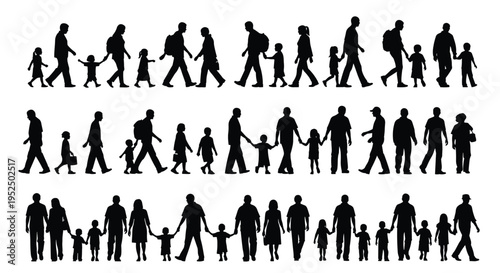 Three distinct rows of black human silhouettes depict various family groups and individuals walking in profile against a plain light gray background.