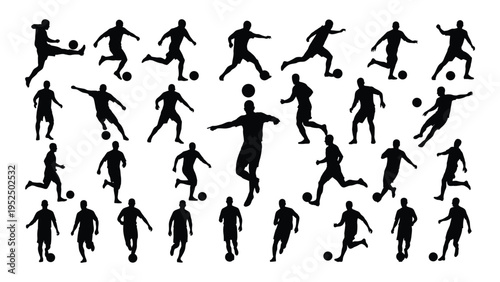 A collection of black silhouettes of soccer players in various poses