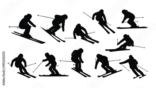 A series of silhouettes of a person skiing in different positions