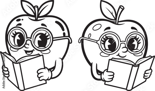 Cute cartoon apples wearing glasses and reading books, black and white illustration for kids, line art