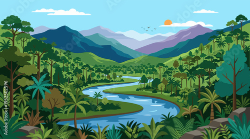 A vibrant flat vector illustration of a serene tropical rainforest with a winding river flowing through a lush valley towards distant mountains.