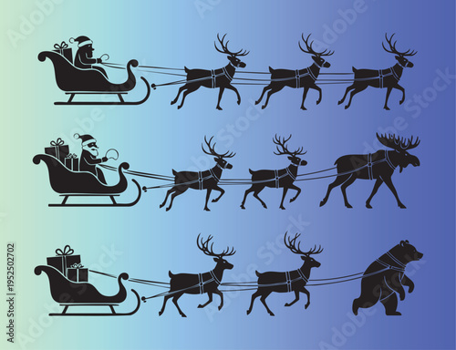 Christmas sleigh with reindeer and gifts in festive illustration set