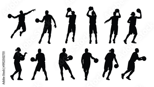A group of black silhouettes of people playing basketball
