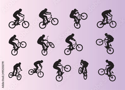 Collection of bmx and mountain bike stunt silhouettes in action poses
