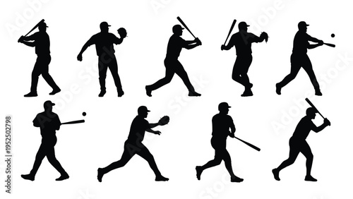 A group of baseball players in various running and hitting poses