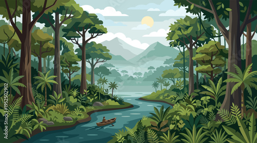 A serene vector illustration of a person paddling a canoe down a winding river through a lush green jungle, with misty mountains in the distance.