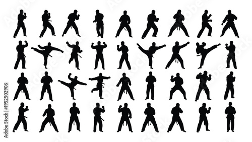 Collection of black silhouettes of people performing various martial arts poses