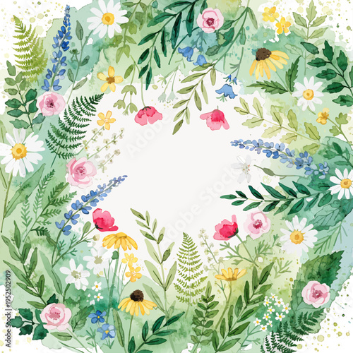 Hand-painted watercolor botanical frame with delicate floral leaves