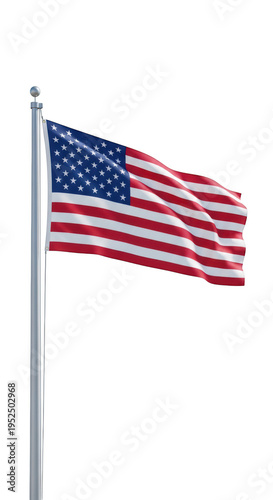 American flag waving on a silver pole isolated on transparent background