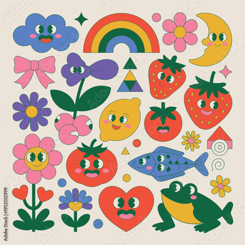 Whimsical characters: happy clouds, rainbow, moon, heart, frog, fish, fruits