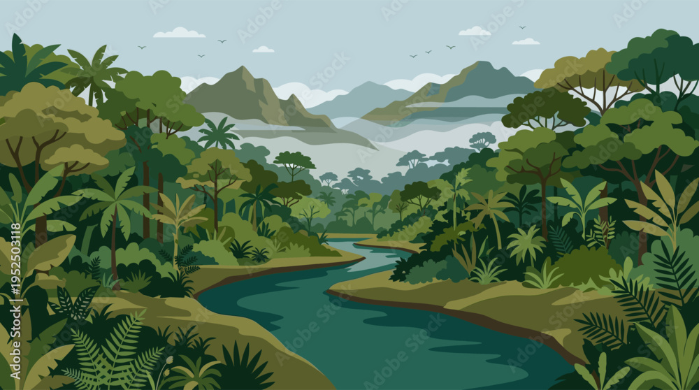 Naklejka premium A flat vector illustration of a serene river flowing through a lush green tropical jungle, with misty mountains in the distance.