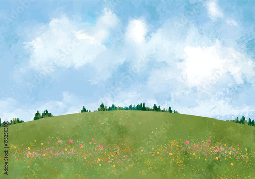 木, 風景, 自然, 空, ベクター, イラスト, 牧草地, デザイン, 丘, 水彩, 青空, 春, 夏, 草原, ナチュラル, 草, 緑, リーフ, 青春, 卒業式, 入学式, 爽やか, バックグラウンド, 大木, 葉