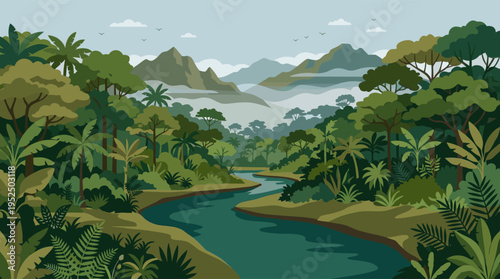 A flat vector illustration of a serene river flowing through a lush green tropical jungle, with misty mountains in the distance.