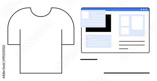 Online shopping, digital design, merchandising, e-commerce marketing, website layout, user interface. Minimalist T-shirt shape beside a webpage mockup. Online shopping and digital design concept