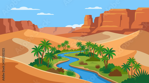 A vibrant desert oasis with a blue river flowing through lush greenery and palm trees, set against a backdrop of orange sand dunes and red rock canyons.