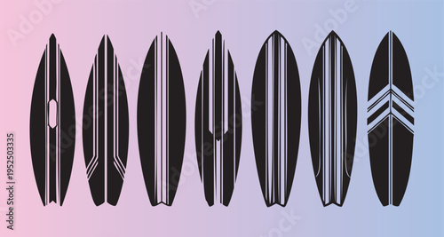 Collection of seven different surfboard designs in flat style