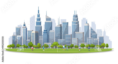 Cityscape with soccer field and people playing, urban park, sports, modern architecture