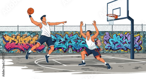Two men playing basketball on a court with graffiti wall