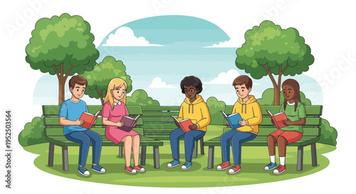 Diverse children reading books together on a park bench, enjoying outdoor education and learning.