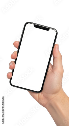 A hand holding a smartphone with a blank screen isolated on transparent background