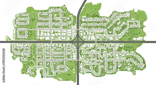 Aerial View of a Green Urban City Plan with Roads, Buildings, and Parks