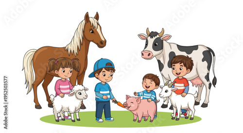 Children interacting with farm animals, including horse, cow, pig, sheep, goat, and kids on a farm.