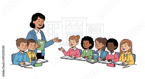 Diverse children learning in classroom with teacher, illustration