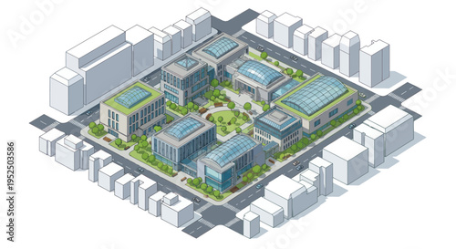 Modern University Campus Isometric Illustration with Green Roofs and Courtyards