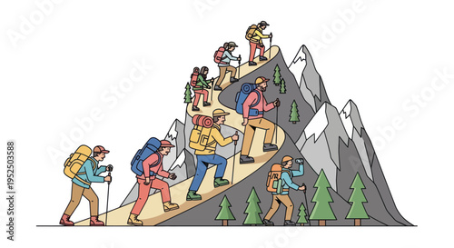 Group of hikers climbing a mountain path, adventure, teamwork, outdoor activity