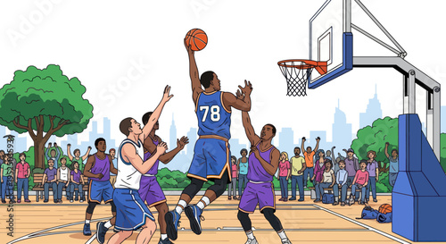 Basketball players jump for a slam dunk during an outdoor game with spectators watching.