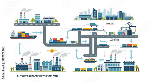 Global Supply Chain Logistics: Factories, Shipping, Trucks, Trains, and Cityscape