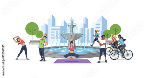 People exercising and cycling near a fountain in a city park