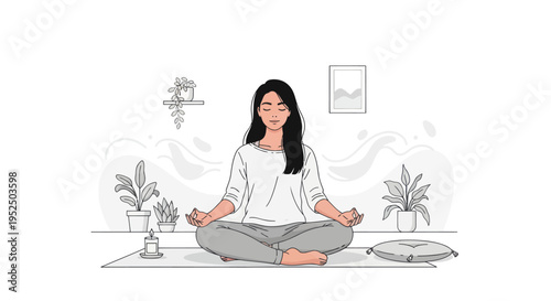 Woman Meditating in Lotus Pose at Home, Calm and Serene Mindful Living