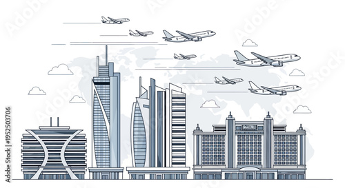 Modern Cityscape with Airplanes Flying Over Buildings and World Map Background