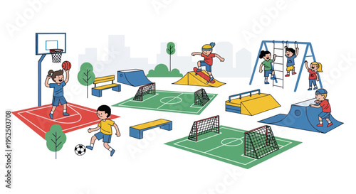 Children playing diverse sports and activities in a vibrant outdoor playground