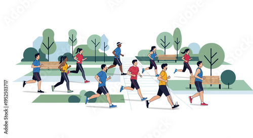 Diverse group of people running in a park, fitness and outdoor activity