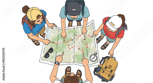 Diverse hikers planning adventure route on map, teamwork concept