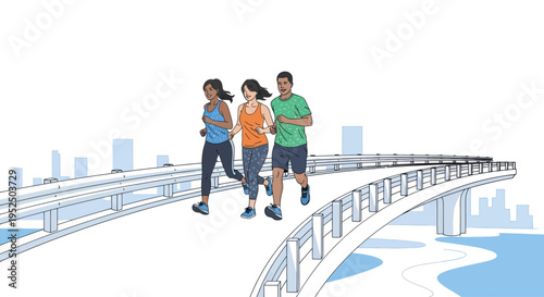 Diverse group of people running together on a modern bridge with city skyline in background