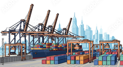 Cargo ship and cranes at busy shipping port with city skyline background